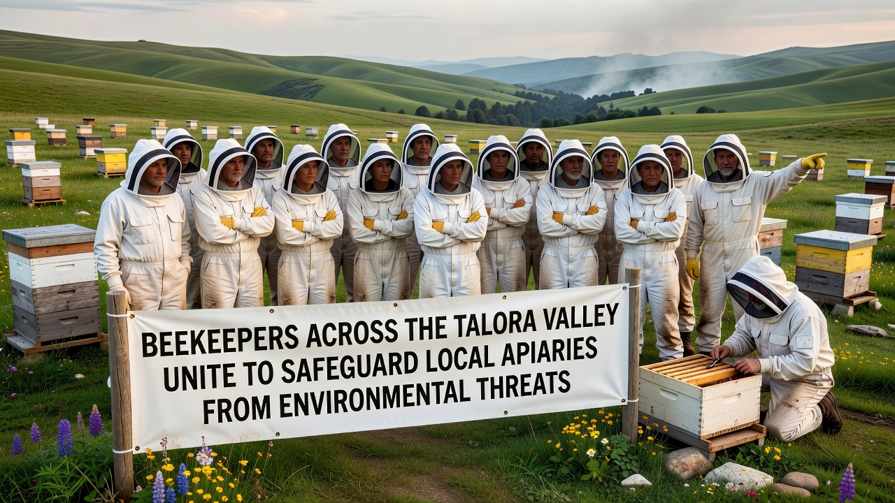 Group of beekeepers examining hive frames together at a Talora Valley apiary site during a coalition workshop