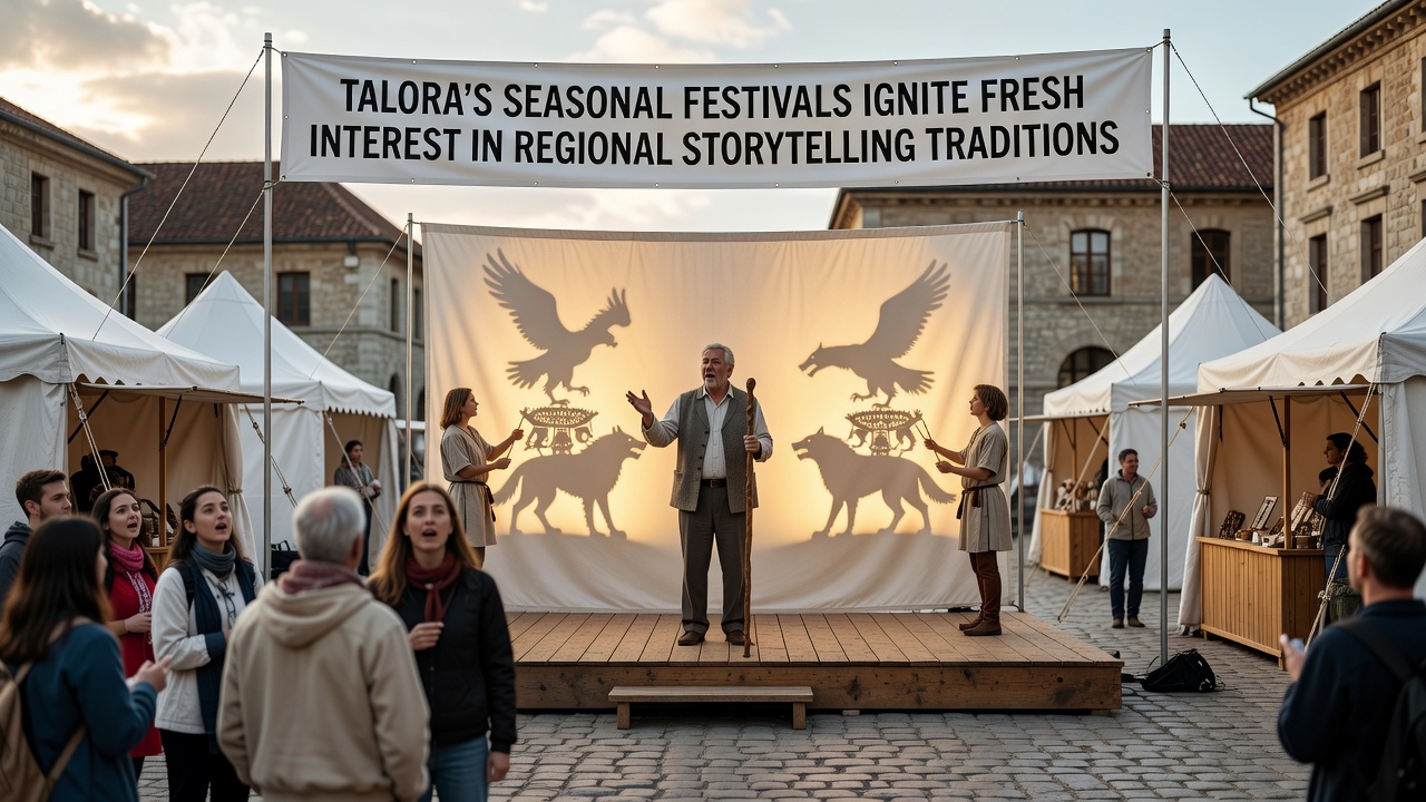 Storytellers perform at dusk during a Talora festival, surrounded by listeners seated on wooden benches